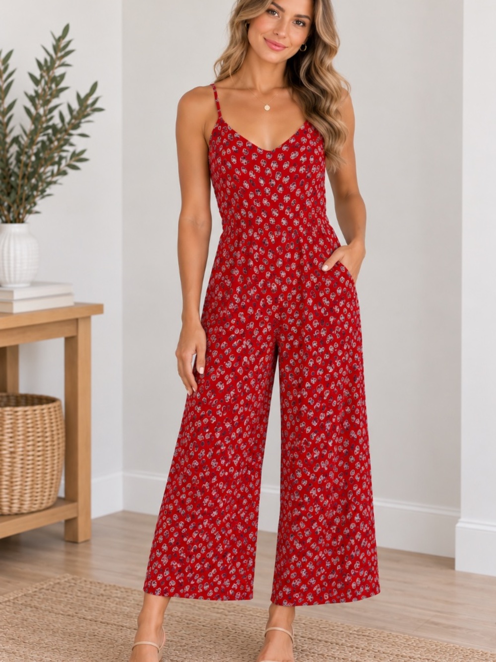 Patrons of Peace Red Cropped Wide-Leg Spaghetti Strap Jumpsuit, size Large